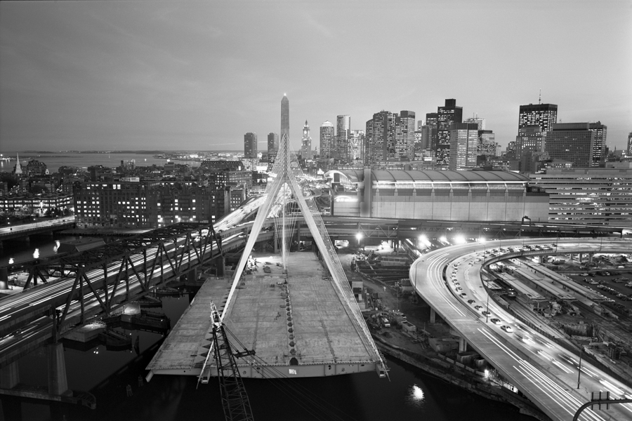 Boston Big Dig Zakim Bridge at Dusk, from the North TowerLeverett Circle Connector at Right Construction